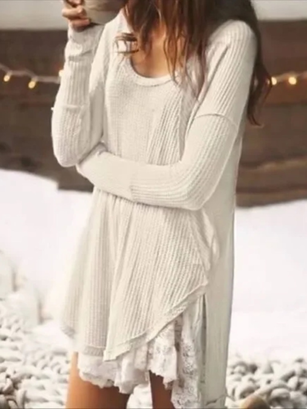 Free People Waffle- Knit Ventura Thermal Long Sleeve Top in Oatmeal | XS